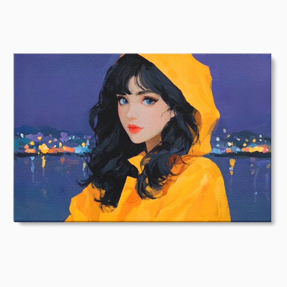 Tablou canvas cu tablou canvas cu femeie in pelerina galben, fara rama, pe sasiu de lemn